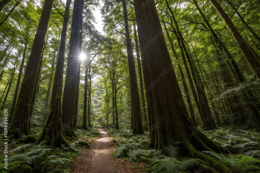 Obraz premium The trees stretch high into the sky, their thick trunks and branches creating a sense of grandeur. The air is fresh and crisp, and the peaceful atmosphere is undisturbed, with only the occasional rust