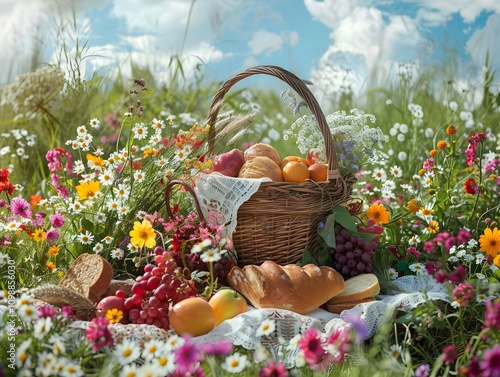 Summer Solstice A Relaxing Picnic Amidst a Vibrant Field of Wildflowers photo