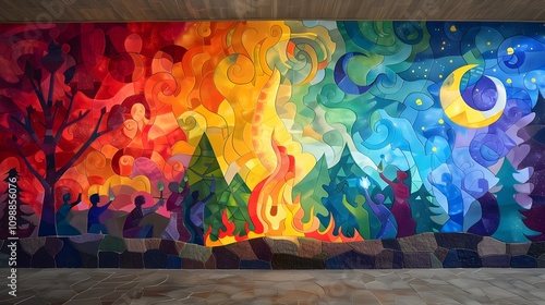 Vibrant Mural of a Summer Solstice Gathering around a Bonfire photo