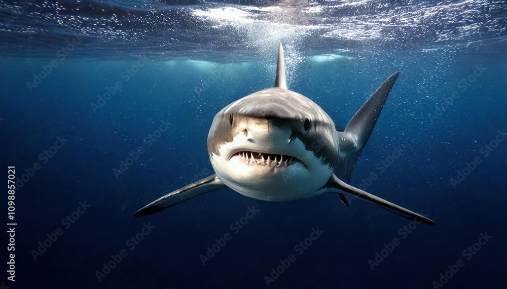 Obraz premium Great white shark underwater shark's mouth is open with small colors fish around 