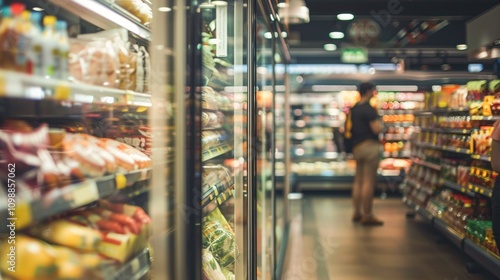 Supermarket aisle with refrigerated shelves and blurred shopper photo