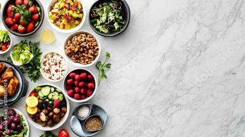 A colorful display of healthy meal options on a kitchen counter, Vibrant style, photo of