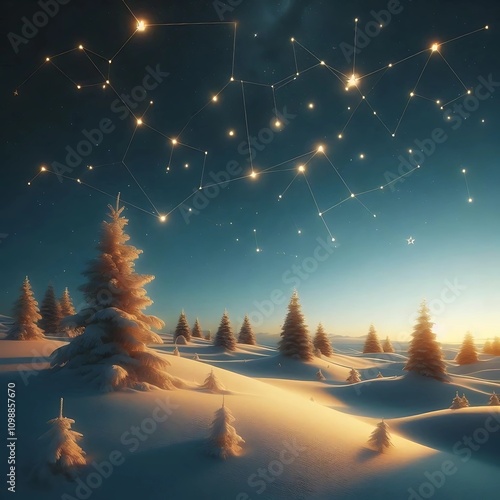 Minimalist snowy landscape with glowing gold stars forming constellations in the sky photo