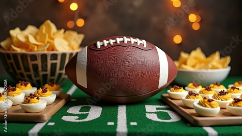 American football with snacks and deviled eggs on field-themed table setting