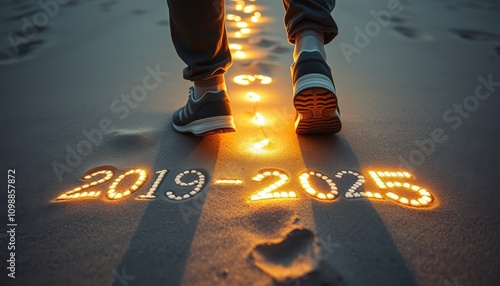 A person walking on a beach, leaving glowing footprints beside the years 2019 and 2025, symbolizing a journey or passage of time.