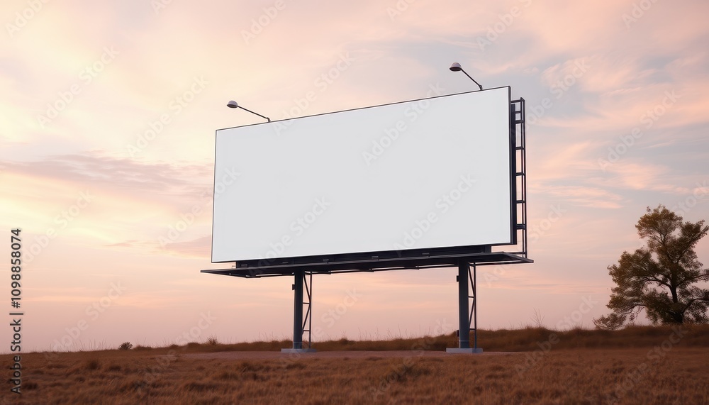 Obraz premium A blank billboard stands in an open field under a colorful sky, offering a canvas for advertisements or messages.