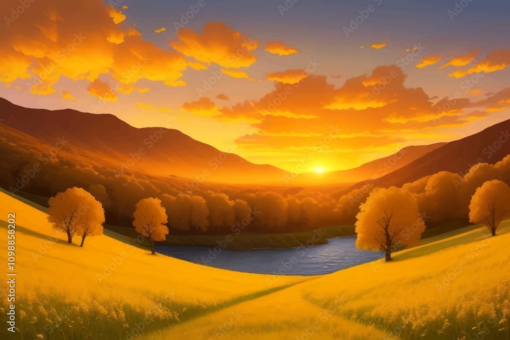 Fototapeta premium Beautiful and Peaceful Nature Scenery Illustration Landscape Countryside Tranquil Vibrant and Colorful