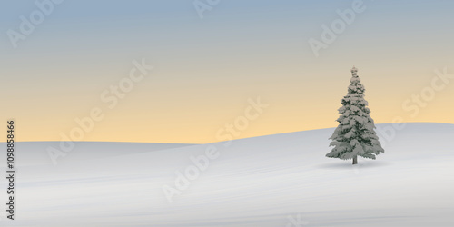 Minimalist sunset snowscape with silhouette lonely pine tree have vanilla sky background graphic illustration.
