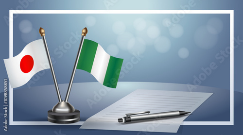 Japan and Nigeria Small national flag on bokeh background, cooperative relationship