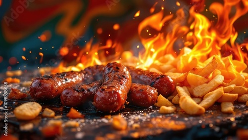 Grilled sausage and crispy potatoes.  A simple, satisfying meal. photo