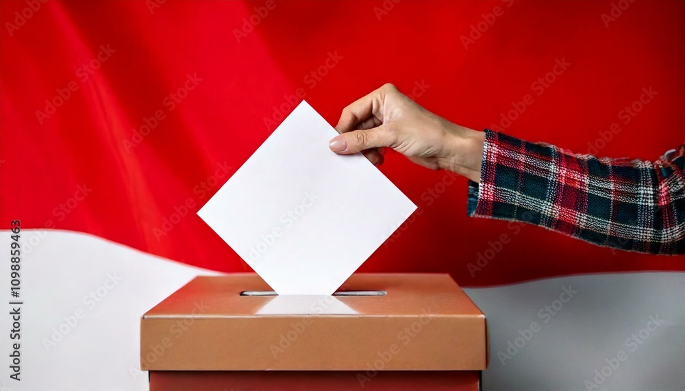 Obraz premium generative AI. Election box. hand puts white paper into the box with red and white background
