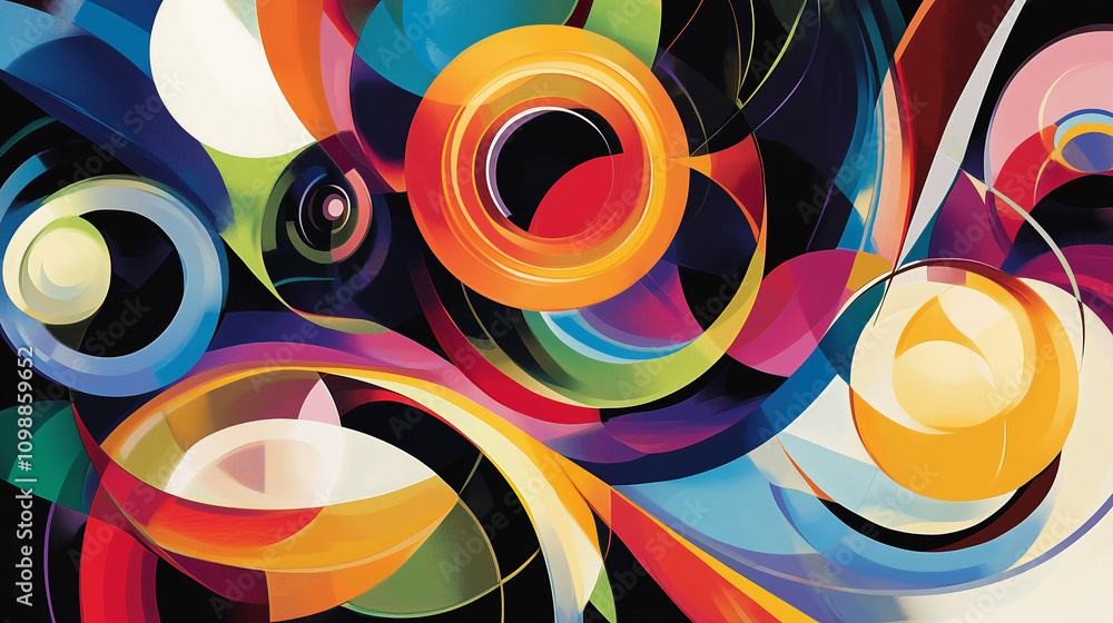 Fototapeta premium Dynamiczna mieszanka jaskrawych kół i płynnych, skręcających się linii, emanująca energią i harmonią w bogatej palecie kolorów. 