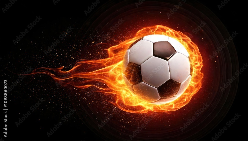 Naklejka premium Soccer ball engulfed in fiery flames against a dark background dynamic action shot