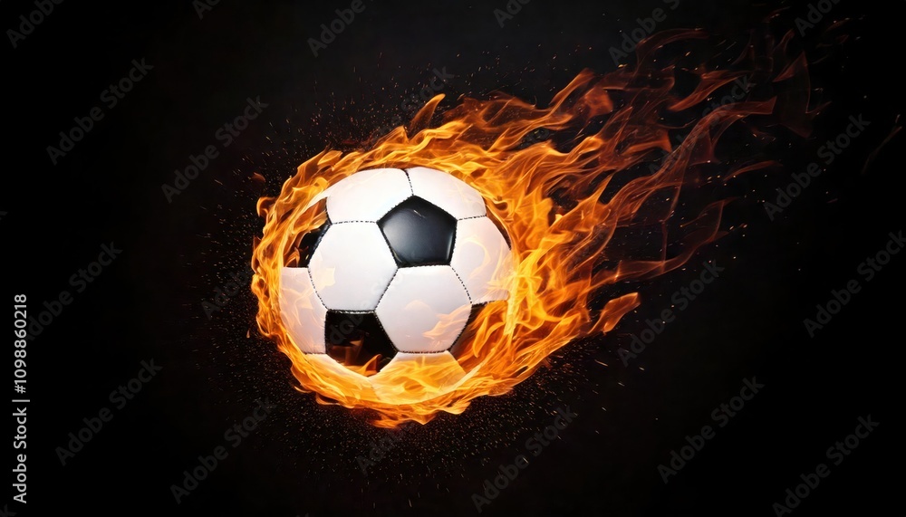 Naklejka premium Soccer ball engulfed in fiery flames against a dark background dynamic action shot