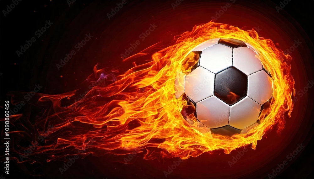 Naklejka premium Soccer ball engulfed in fiery flames against a dark background dynamic action shot