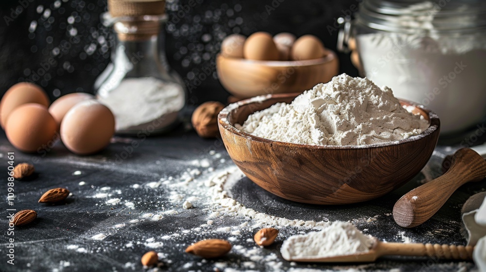 Fototapeta premium Baking ingredients with flour and eggs on rustic table