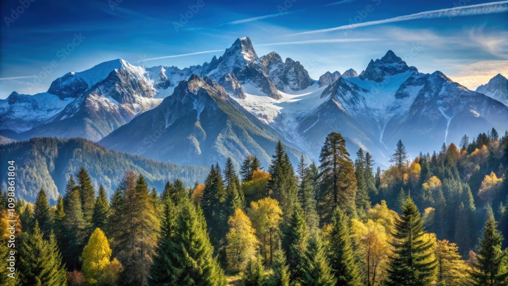 Obraz premium Majestic mountain range with serene trees and distant peaks under a clear blue sky, mountains, peaks, trees, nature