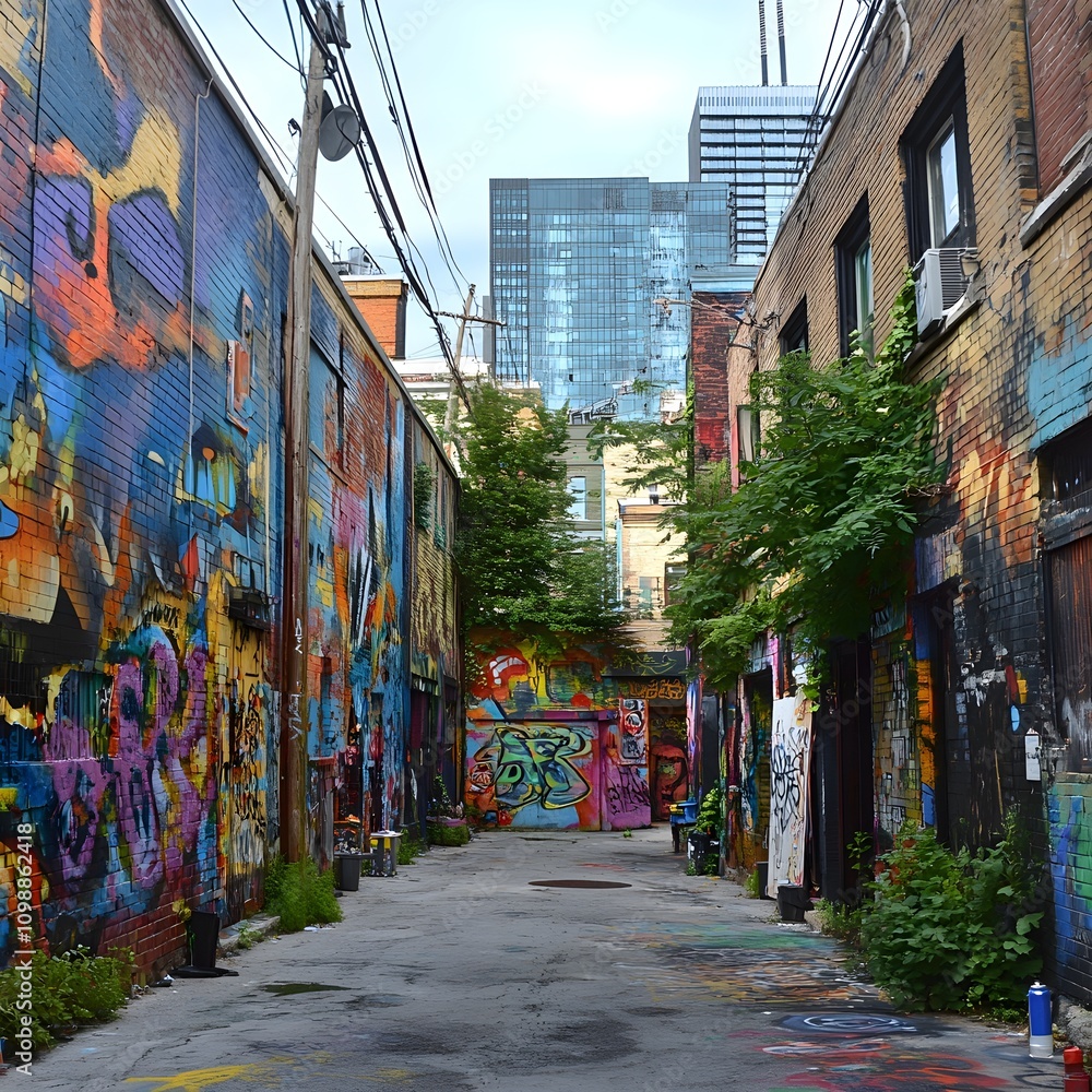 Fototapeta premium urban graffiti alley with colorful murals street art and spray cans