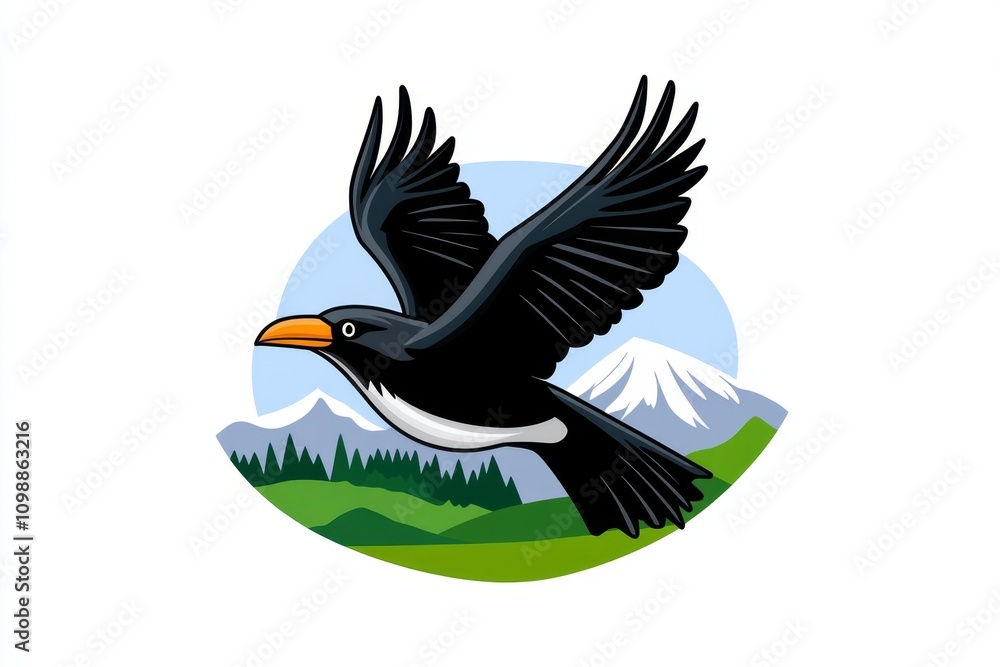 Fototapeta premium A clean 2D illustration of a black raven flying against a white sky, with minimal shadowing and bold outlines