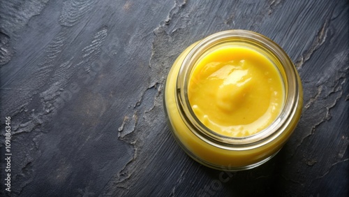 Ghee butter in a glass jar, top view , ghee, butter, clarified, glass, jar, top view, healthy fat, cooking, Indian cuisine photo