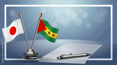 Japan and Sao Tome and Principe Small national flag on bokeh background, cooperative relationship