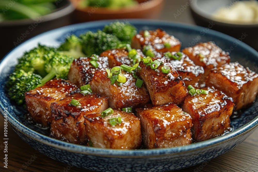 Fototapeta premium Dong Po Rou (Dongpo pork meat) in a beautiful blue plate with green broccoli vegetable, traditional festive food for Chinese new year cuisine meal