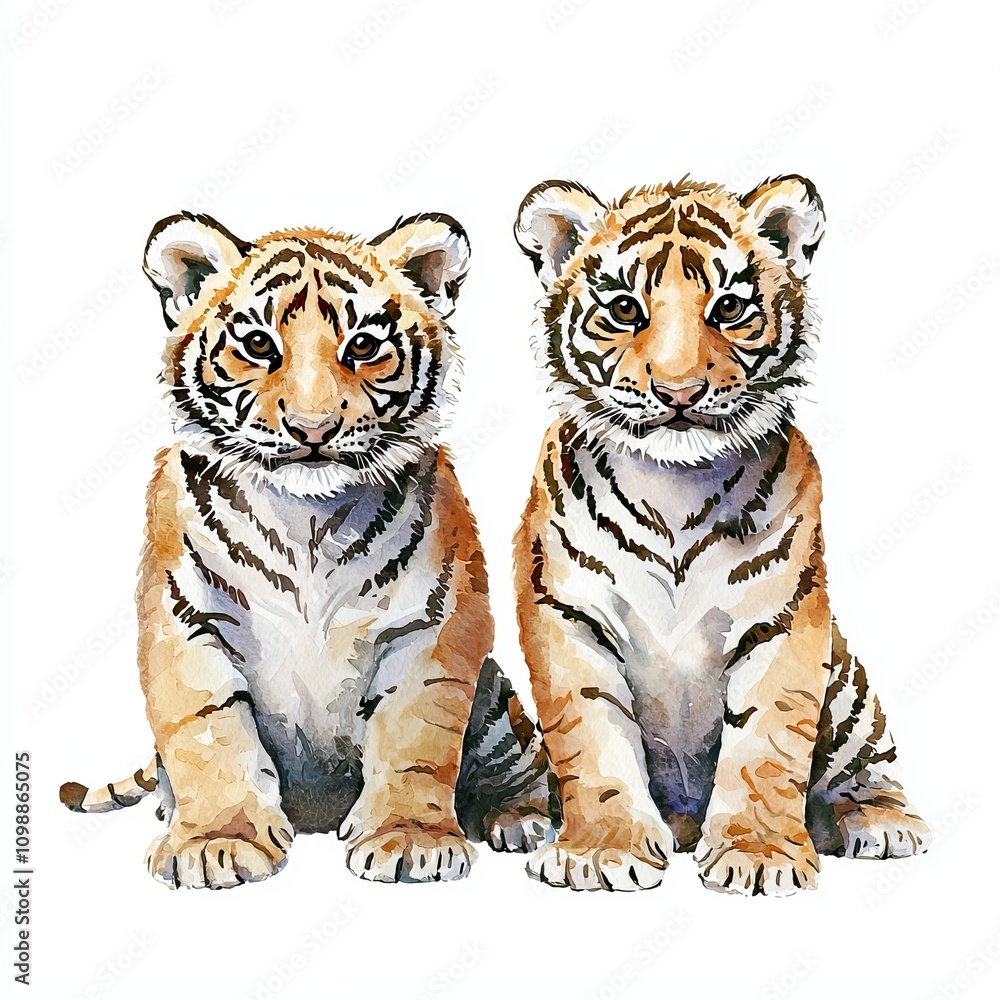 Fototapeta premium Two adorable tiger cubs sitting together, showcasing their playful and curious nature in a vibrant white background