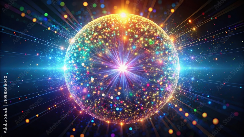 Obraz premium Colorful sphere shape particles with light shine and beam , sphere, colorful, particles, light, shine, beam, abstract