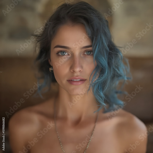 Una mujer preciosa de rizos azules, con una presencia tranquila y serena. photo