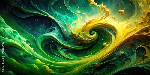 Abstract Green Gold Ink Wallpaper, 3D Swirl Paint Background, Modern Art, Dark Background, Water Shape Design