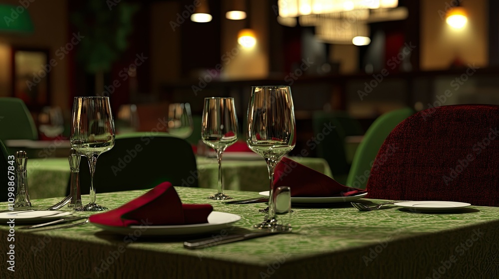 Obraz premium Elegant Dining Setup with Glassware and Napkins in Cozy Restaurant
