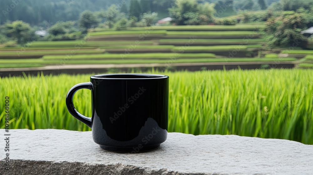 Obraz premium Black Coffee Mug on Stone with Rice Fields in Background