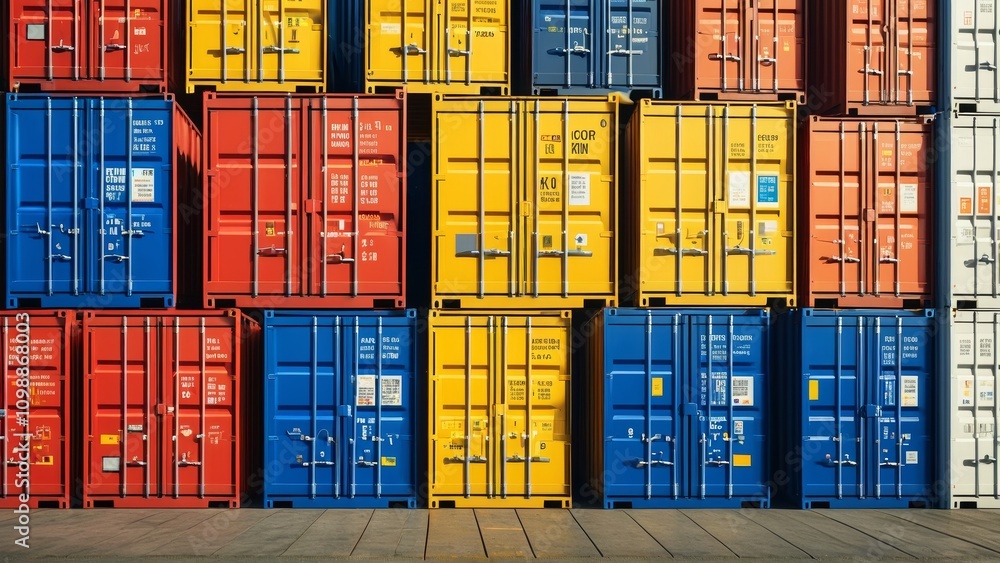 Fototapeta premium Colorful shipping containers stacked in vibrant geometric patterns
