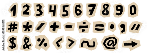 Paper cut out numbers and signs collection. Punctuation marks and characters collage set. Kid cut symbols, brackets, elements bundle for decoration, poster, banner, print. Ransom style pack. Vector
