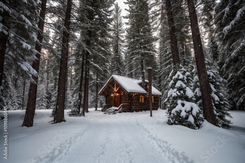 A picturesque winter landscape during Christmas, with snow-covered trees lining a winding path through a forest. The ground is blanketed with fresh snow, and delicate snowflakes gently fall from the g