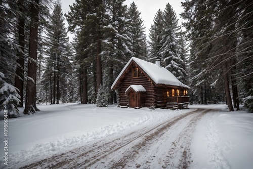 A picturesque winter landscape during Christmas, with snow-covered trees lining a winding path through a forest. The ground is blanketed with fresh snow, and delicate snowflakes gently fall from the g