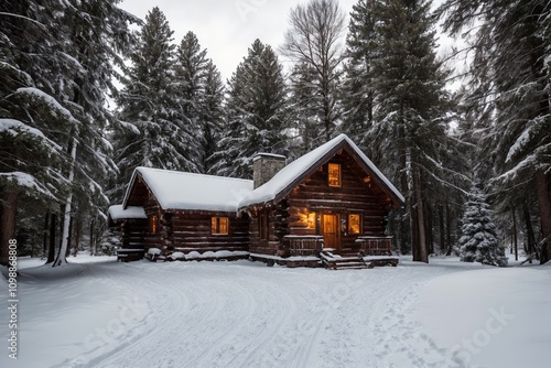 A picturesque winter landscape during Christmas, with snow-covered trees lining a winding path through a forest. The ground is blanketed with fresh snow, and delicate snowflakes gently fall from the g