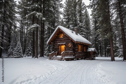 A picturesque winter landscape during Christmas, with snow-covered trees lining a winding path through a forest. The ground is blanketed with fresh snow, and delicate snowflakes gently fall from the g