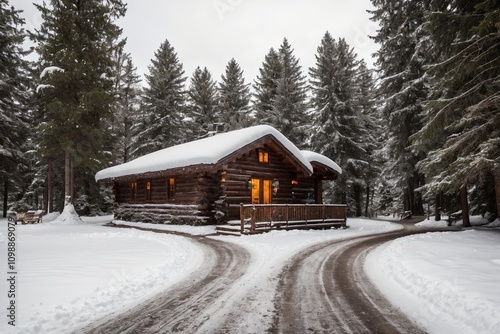 A picturesque winter landscape during Christmas, with snow-covered trees lining a winding path through a forest. The ground is blanketed with fresh snow, and delicate snowflakes gently fall from the g