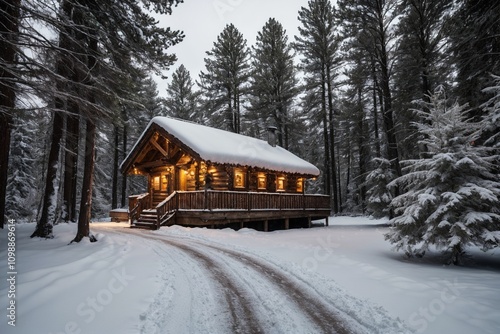A picturesque winter landscape during Christmas, with snow-covered trees lining a winding path through a forest. The ground is blanketed with fresh snow, and delicate snowflakes gently fall from the g