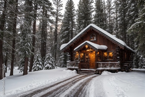 A picturesque winter landscape during Christmas, with snow-covered trees lining a winding path through a forest. The ground is blanketed with fresh snow, and delicate snowflakes gently fall from the g