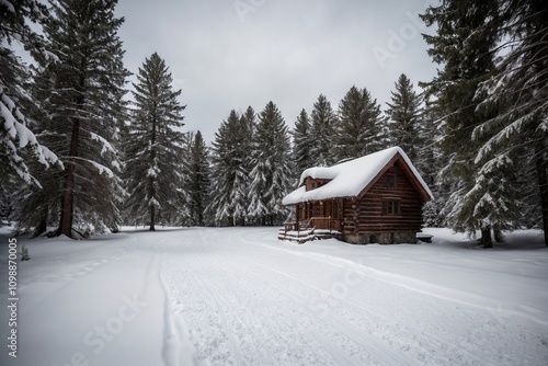 A picturesque winter landscape during Christmas, with snow-covered trees lining a winding path through a forest. The ground is blanketed with fresh snow, and delicate snowflakes gently fall from the g