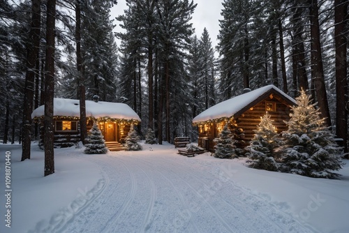 A picturesque winter landscape during Christmas, with snow-covered trees lining a winding path through a forest. The ground is blanketed with fresh snow, and delicate snowflakes gently fall from the g