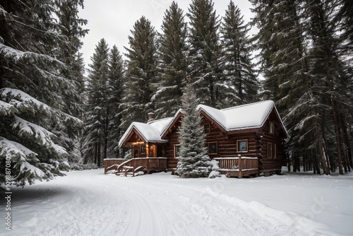 A picturesque winter landscape during Christmas, with snow-covered trees lining a winding path through a forest. The ground is blanketed with fresh snow, and delicate snowflakes gently fall from the g