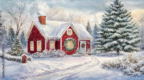 Christmas background. Landscape photography red wooden house. Picturesque winter scene of beautiful winter scenery.