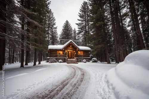 A picturesque winter landscape during Christmas, with snow-covered trees lining a winding path through a forest. The ground is blanketed with fresh snow, and delicate snowflakes gently fall from the g