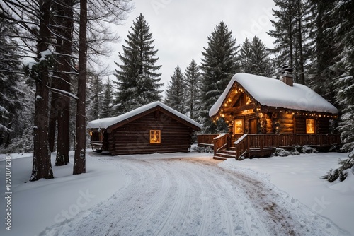 A picturesque winter landscape during Christmas, with snow-covered trees lining a winding path through a forest. The ground is blanketed with fresh snow, and delicate snowflakes gently fall from the g