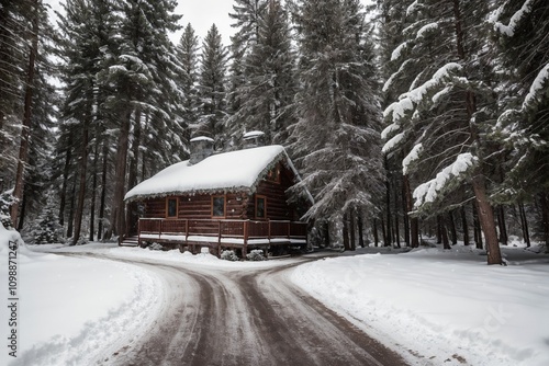 A picturesque winter landscape during Christmas, with snow-covered trees lining a winding path through a forest. The ground is blanketed with fresh snow, and delicate snowflakes gently fall from the g