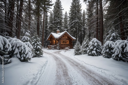 A picturesque winter landscape during Christmas, with snow-covered trees lining a winding path through a forest. The ground is blanketed with fresh snow, and delicate snowflakes gently fall from the g
