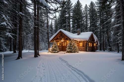 A picturesque winter landscape during Christmas, with snow-covered trees lining a winding path through a forest. The ground is blanketed with fresh snow, and delicate snowflakes gently fall from the g